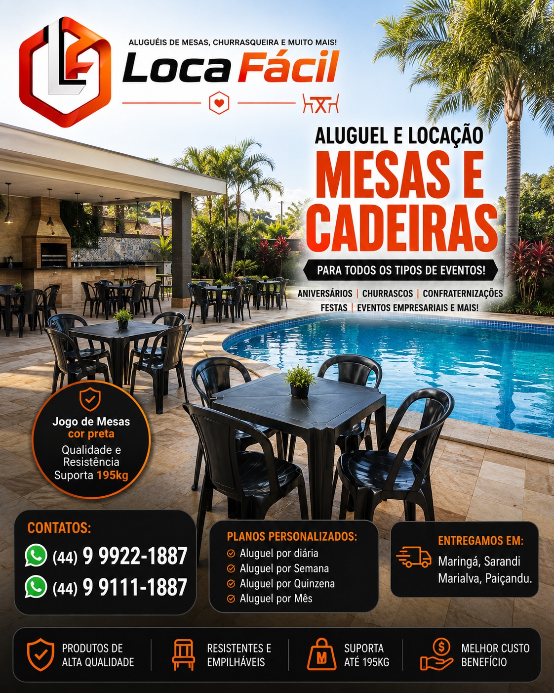 Mesas e cadeiras em área de piscina