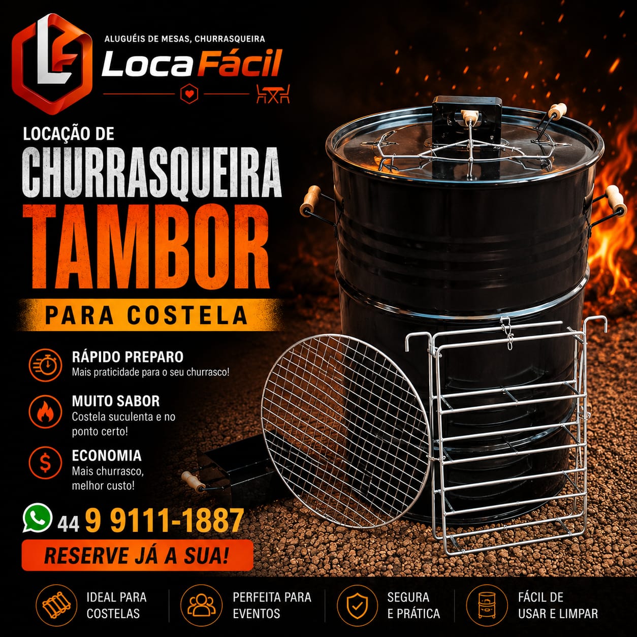 Aluguel de churrasqueira tambor para costela
