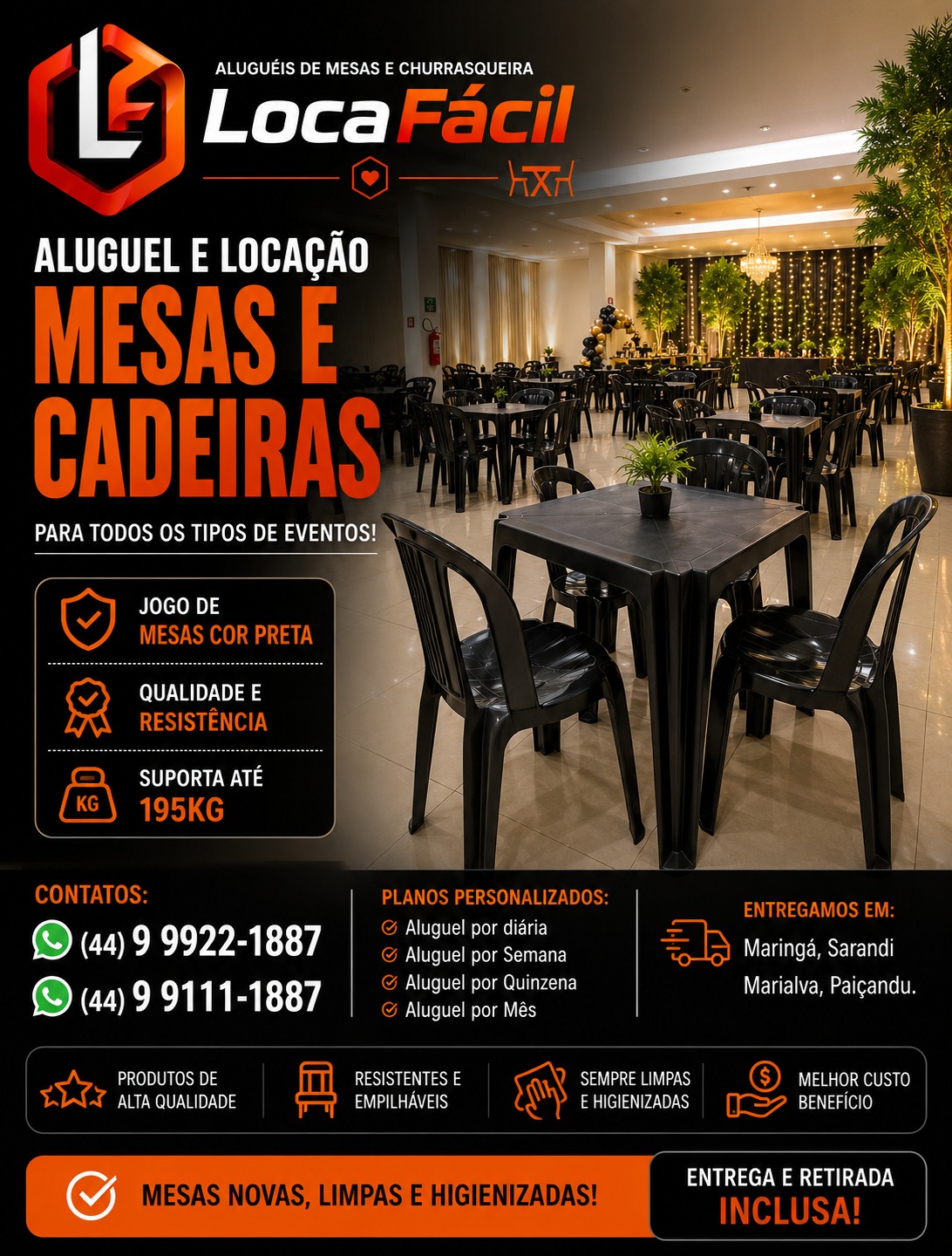 Mesas e cadeiras em salão de festas